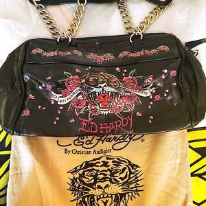 Ed Hardy Black Shoulder Bag with Bold Graphic Design